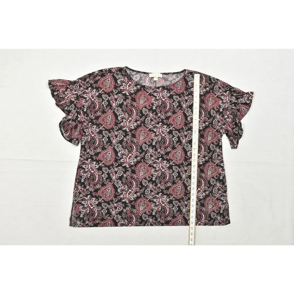 Michael Kors Women's 2X Top Black Red White Paisley Flutter Sleeve Stretch Blous
